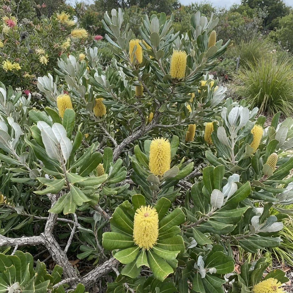 Coast Banksia, Coastal Banksia, White Banksia, White Honeysuckle, Honeysuckle Oak, Entire-leaved Banksia, White Bottlebrush