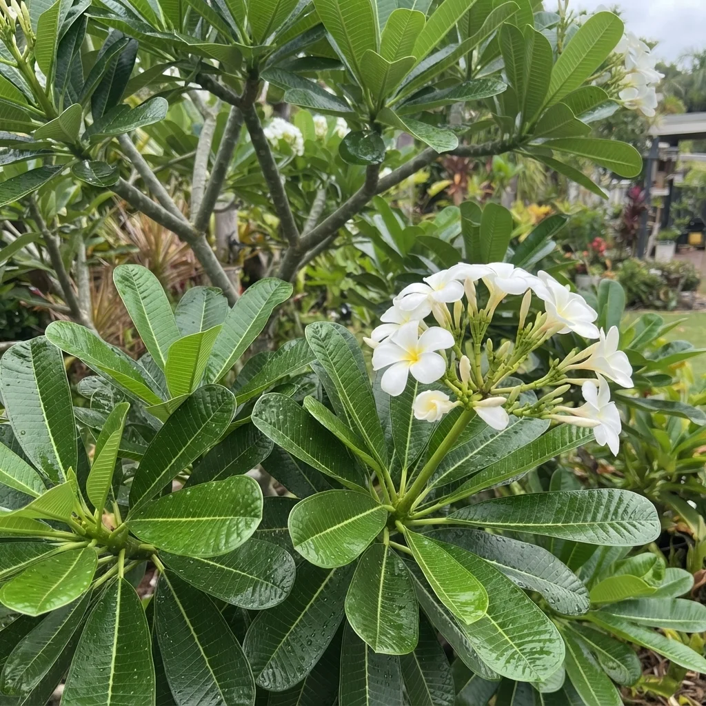 Singapore frangipani, Singapore white, Singapore graveyard flower, White frangipani, Pagoda tree
